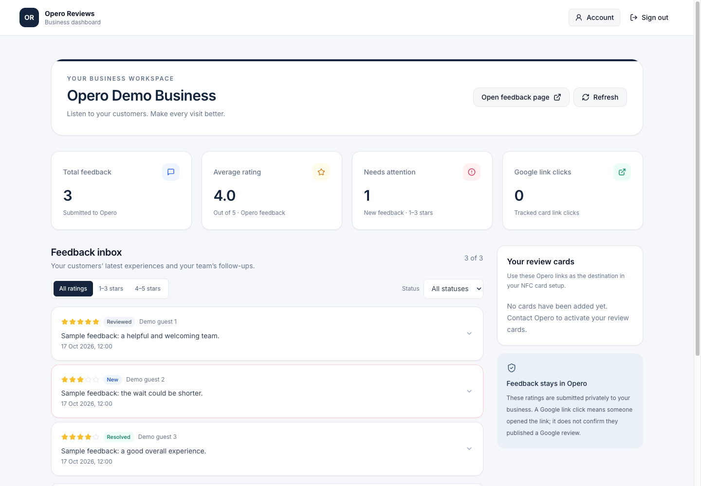 Opero Reviews business inbox with explicitly fictional customer feedback and status labels