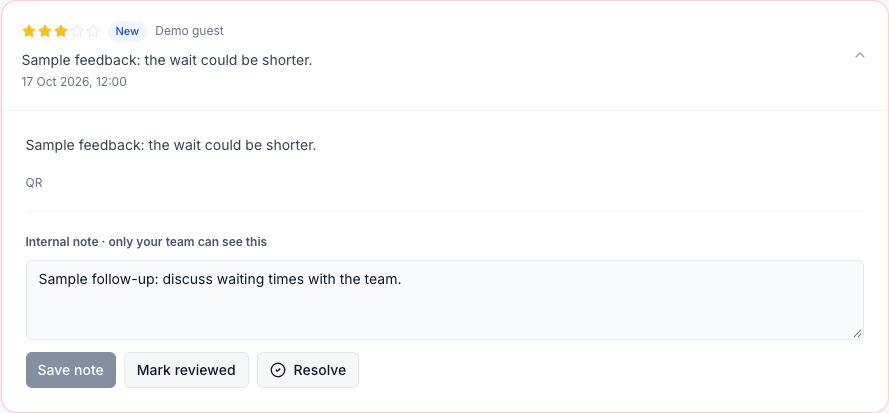 Opero Reviews expanded fictional feedback with an internal note and review status controls
