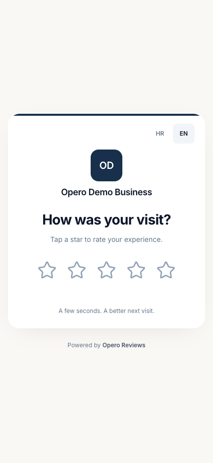 Opero Reviews mobile customer feedback screen for a fictional demo business