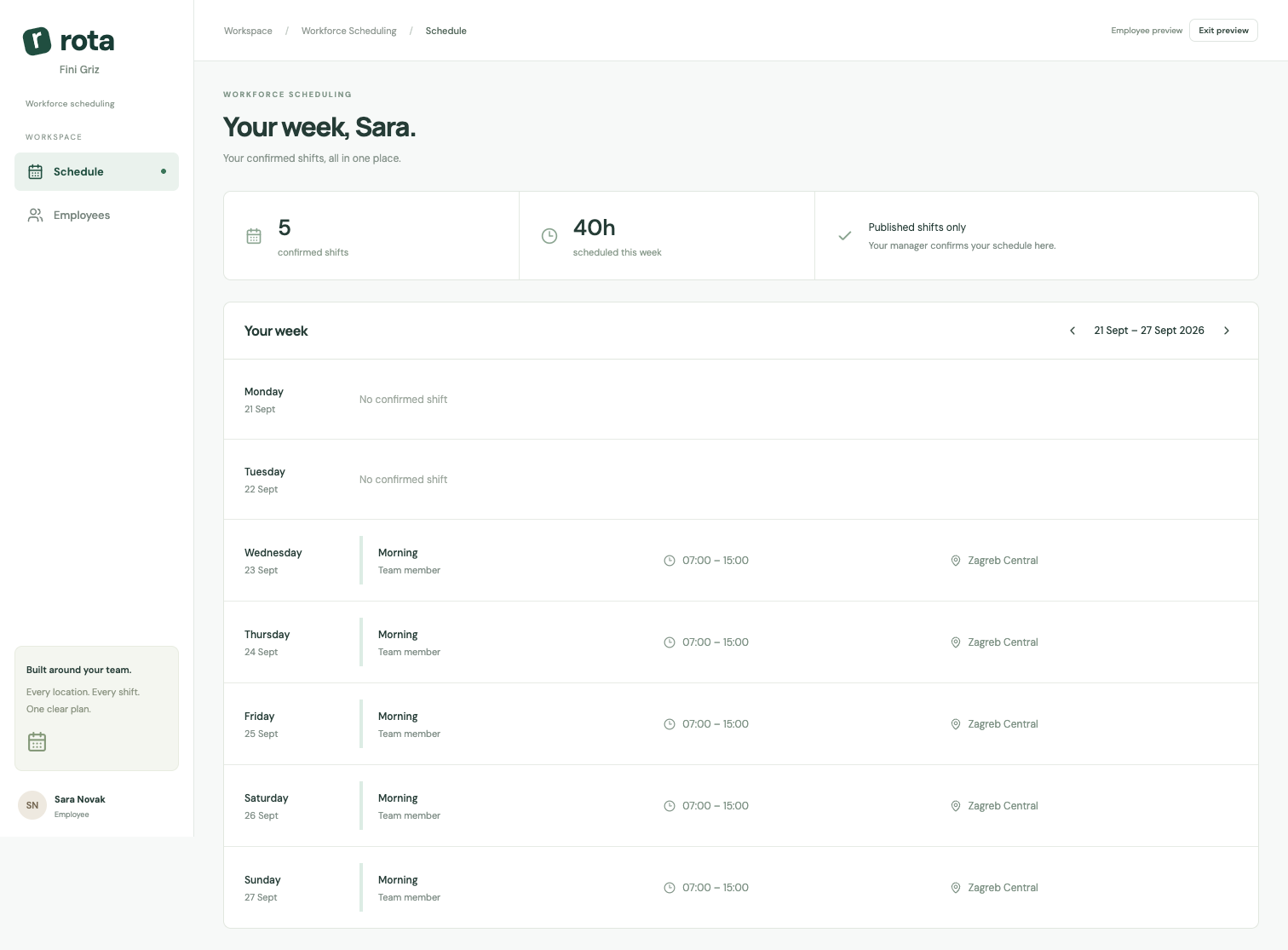 Rota demo employee view showing a personal weekly shift schedule