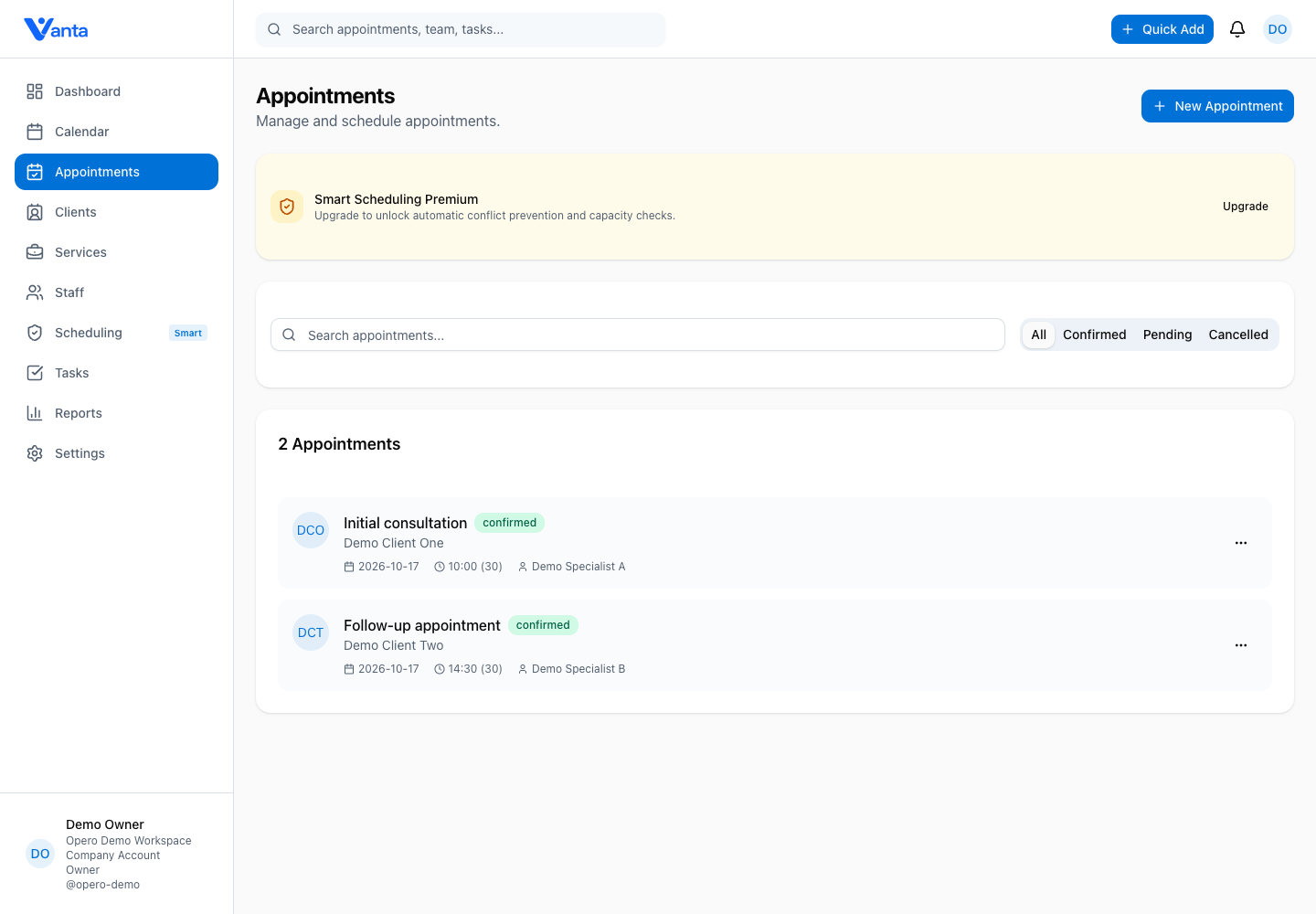 Vanta appointment management interface displaying fictional sample bookings