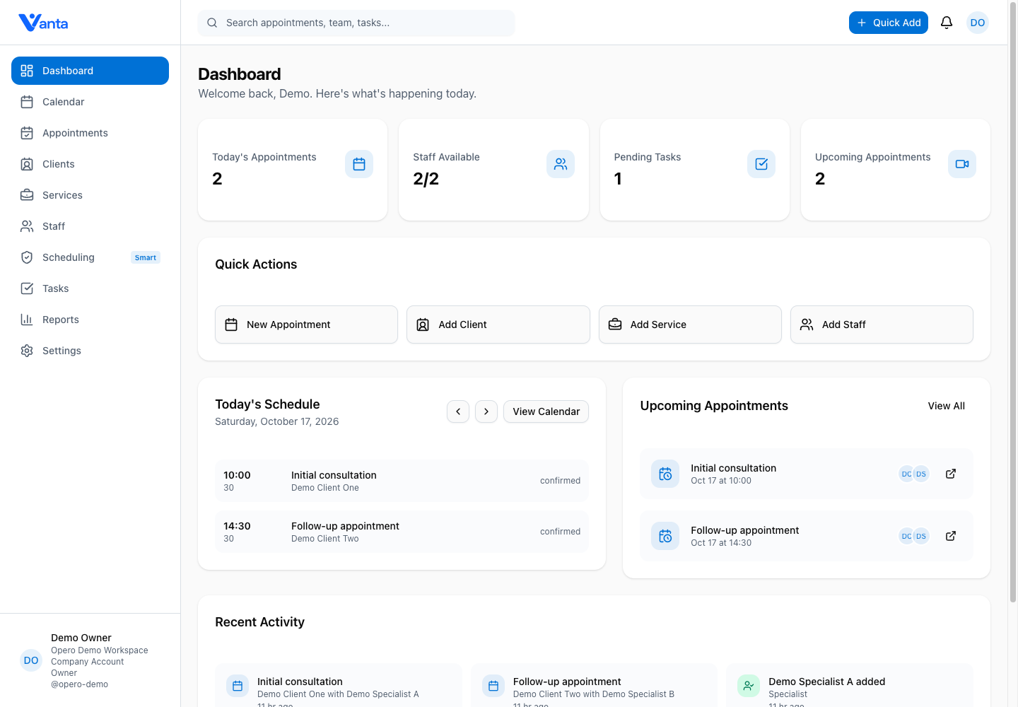 Vanta dashboard with fictional appointments, staff availability, and pending tasks