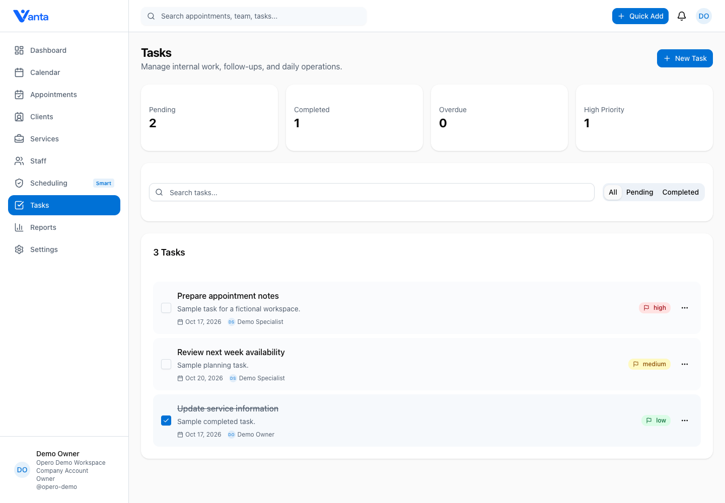 Vanta task management interface with fictional pending and completed tasks